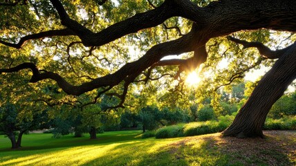 Large oak tree with spreading branches in sunlit park