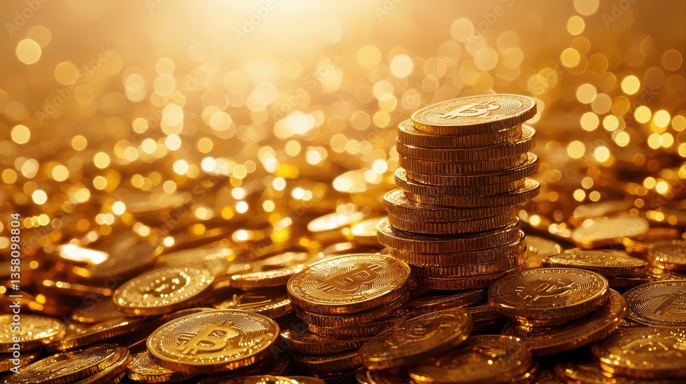 Poster golden bitcoin coins stacked on shimmering surface