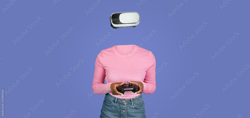 Poster A person using virtual reality goggles plays a game, fully immersed in a digital experience. They hold a gaming controller while the background is a solid color, emphasizing the technology.