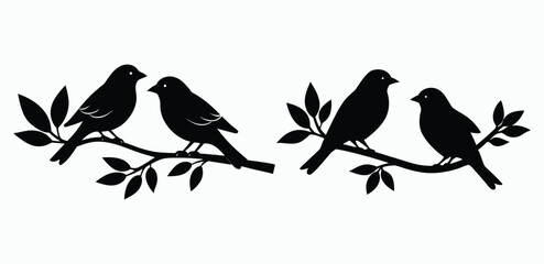 Two bird sitting on a branch silhouette on white background © Arwa
