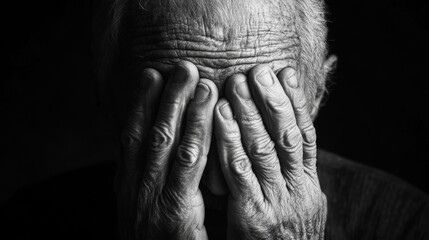 Fototapeta premium Close-up Portrait of Elderly White European Man Covering Face With Both Hands in Despair, Highlighting Wrinkles, Aging, and Emotional Struggle in Low Light Black Background