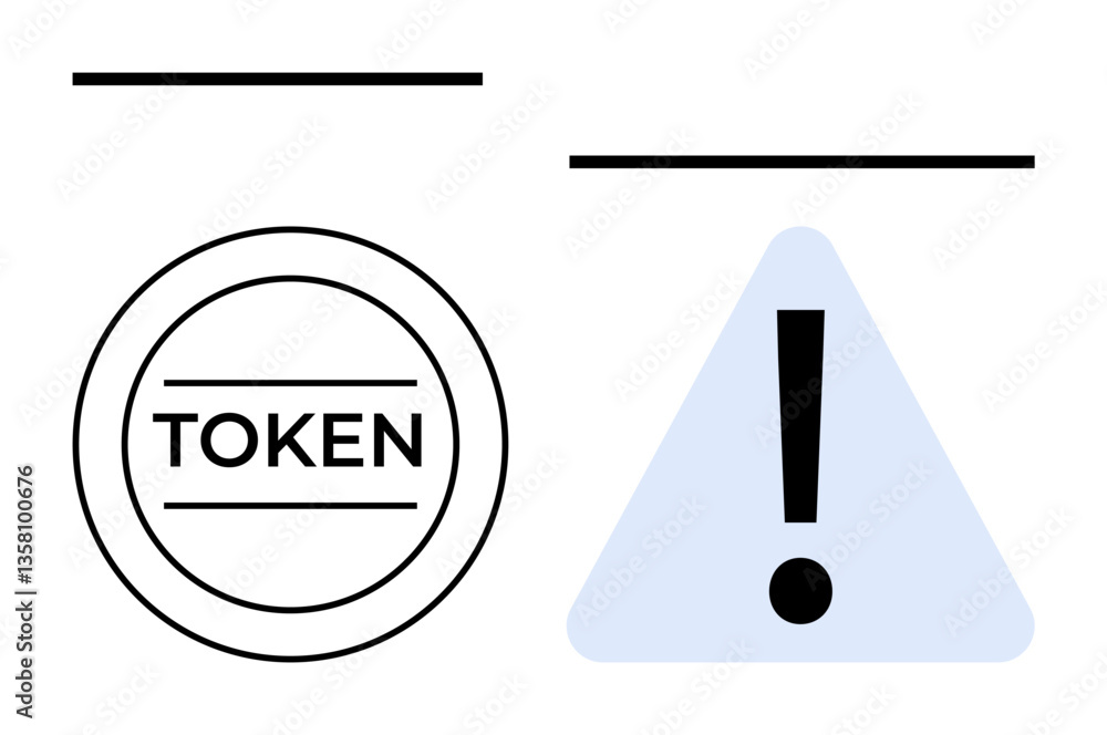 Poster circular token symbolizing digital asset or value next to a warning triangle with an exclamation mar