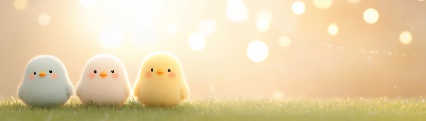 colorful easter eggs and chicks on a green grass meadow with sunshine in t
