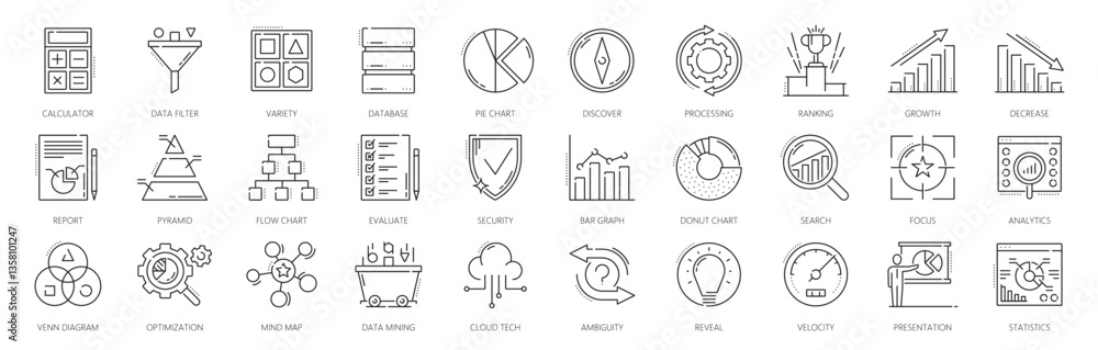 Poster data analytics and analysis icons of charts and diagrams for business research, vector line symbols 