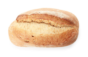 Whole loaf of freshly baked bread isolated on white, top view