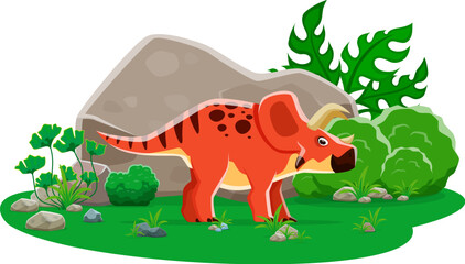 Arrhinoceratops prehistoric cartoon dinosaur. Isolated vector triceratops like dino with red skin and horns, stands at lush Jurassic era landscape with large rocks, plants and bushes on a green field © Vector Tradition