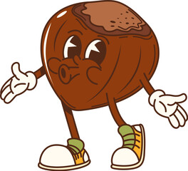 Cartoon groovy hazelnut nut character in retro sneakers joyfully whistling, showcasing funky and upbeat y2k vibe. Isolated vector playful food y2k personage spreading happiness and hippie energy