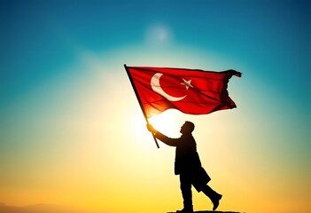 Silhouette of businessman holding a flag on top mountain, sky and sun light background.