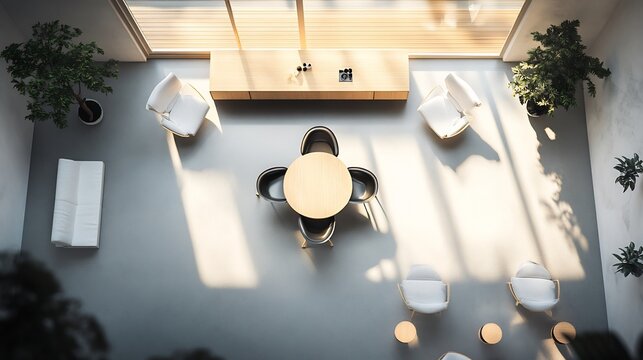 Perspective aerial shot highlighting minimalist decor creative seating arrangements