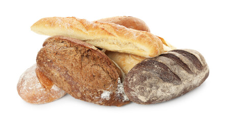 Different loaves of freshly baked bread isolated on white