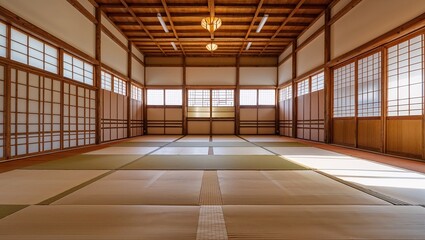 Wooden dojo interior with high ceiling and tatami mats