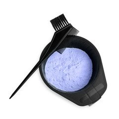 Bowl with hair bleaching powder and brush isolated on white, top view