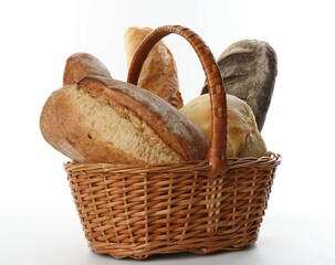 Different loaves of fresh bread in basket isolated on white