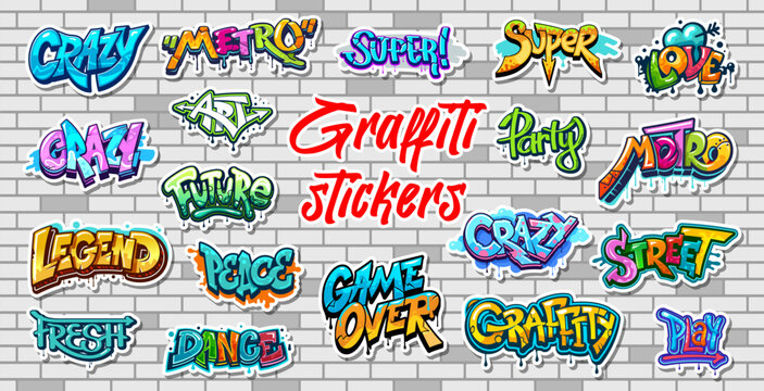 Urban style graffiti street art stickers pack at brick wall vector background. Color spray graffiti texts and cool street art tags set with paint drips, blots and splatters, pierced love heart, arrows