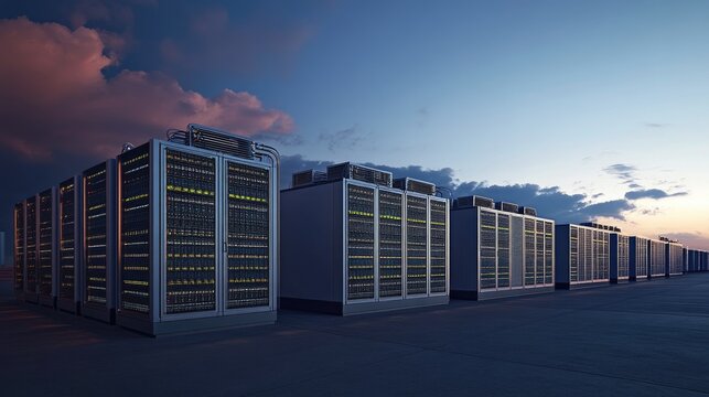 Illuminated Server Racks at Twilight Outside Data Center