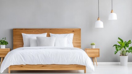 Modern bedroom with wooden furniture, plants, and white bedding