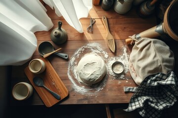 Fototapeta premium Rustic Tabletop with Dough, Flour and Traditional Utensils for Easter Bread Preparation