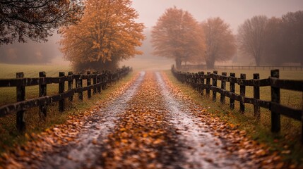 Obraz premium Autumn fog path through trees and fields. Possible use nature wallpaper