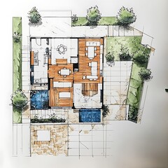 Detailed outdoor space architectural plan featuring pool and seating areas image