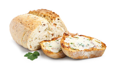 Tasty bread with garlic, herbs and butter isolated on white
