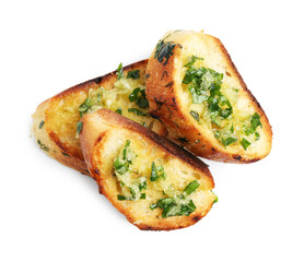 Tasty bread with garlic, herbs and oil isolated on white, top view