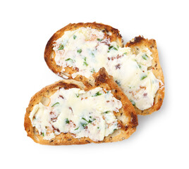 Tasty bread with garlic, herbs and butter isolated on white, top view