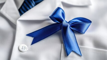 Blue ribbon on white jacket close-up, symbolizing award or recognition