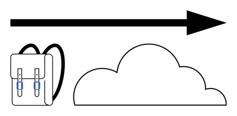 Backpack next to a cloud with a bold arrow pointing forward. Ideal for travel, education, exploration, progress, direction, determination, adventure. Flat simple metaphor