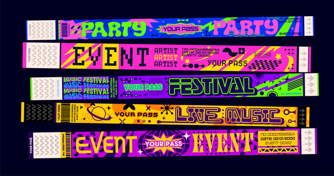 Y2k retro event party bracelet, club pass ticket for concerts, nightclubs and entertainment venues. Realistic 3d vector set of modern wristbands for festivals, live music concert and vip event access
