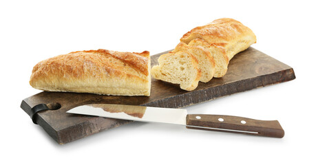 Pieces of fresh bread and knife isolated on white