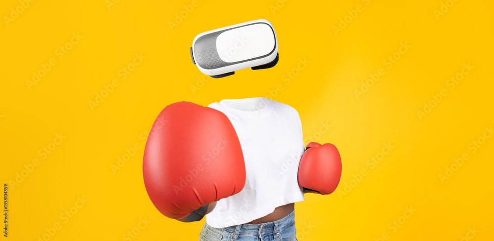Poster a person is engaged in a virtual reality boxing activity using a headset and oversized gloves, set a