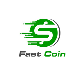 Fast coin icon for quick money transfer, cash exchange or pay and credit, vector sign. Dollar coin in fast speed motion for online money transfer or bank loans and crypto currency or digital wallet