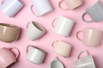 Many colorful cups on pink background, flat lay
