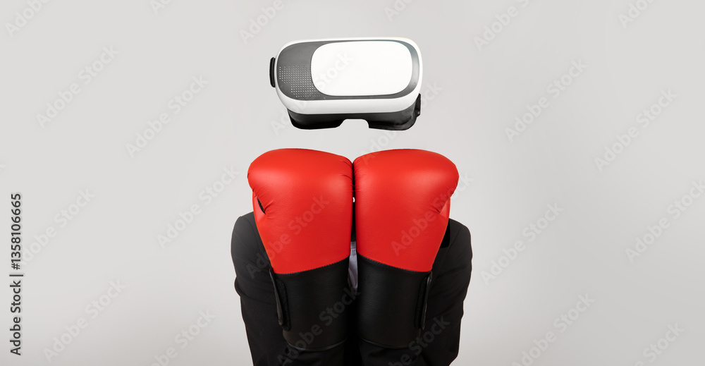 Leinwandbilder A user engages with virtual reality technology using a headset while wearing red boxing gloves. The setting features a minimalist background, emphasizing the immersive gadget experience.