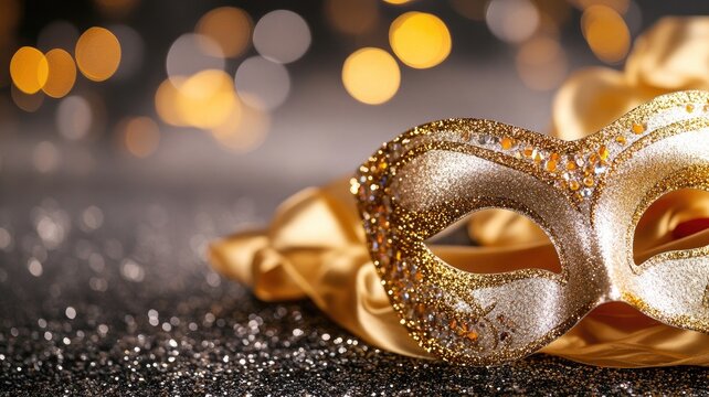 Gold glitter masquerade mask with ribbon on sparkly surface, bokeh lights background