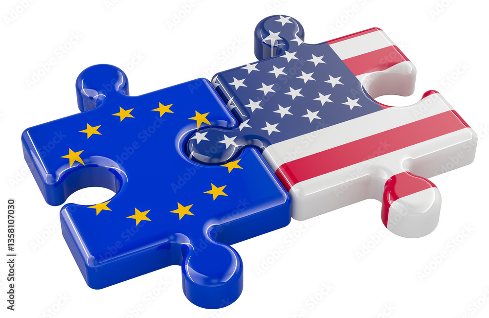 Poster the usa and the eu puzzles from flags, relation concept. 3d rendering isolated on transparent backgr