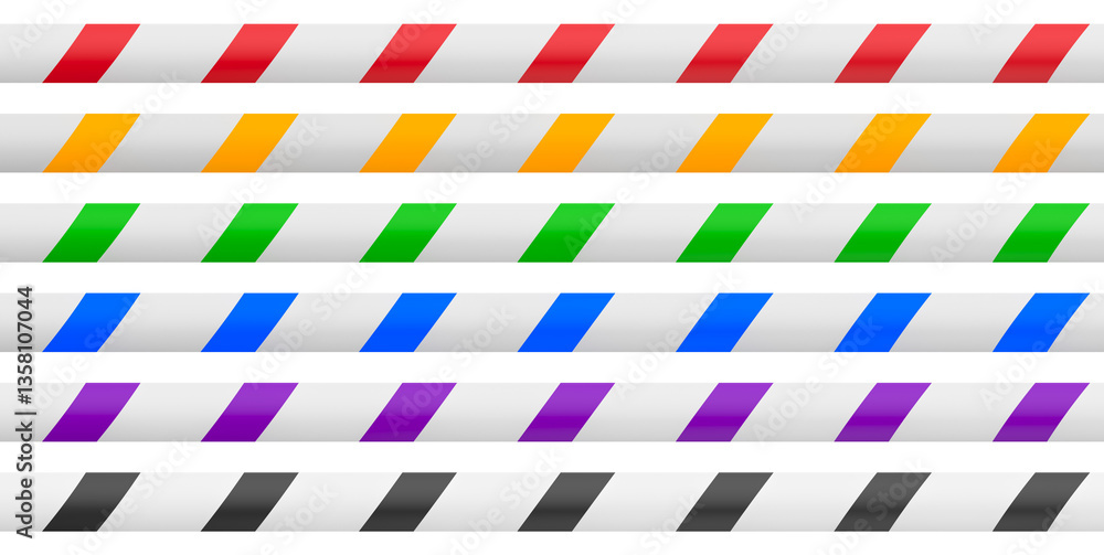 Poster set of stripes security warning tapes, different colors. 3d rendering isolated on transparent backgr