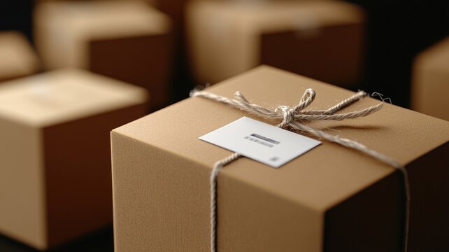 Close-up of brown gift boxes tied with string, labeled cards on top