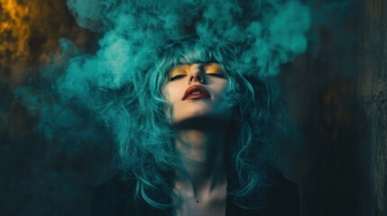 Fototapeta premium Enigmatic Woman Surrounded by Teal Smoke
