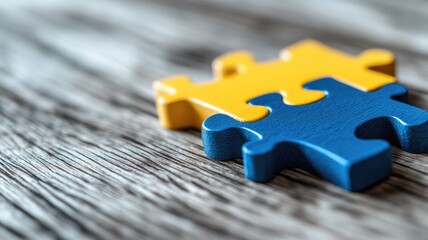 Two interlocking blue and yellow puzzle pieces on wooden surface