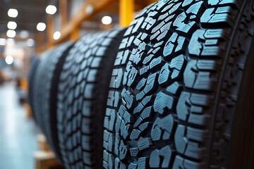 Tires on shelves in warehouse