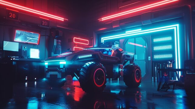 Futuristic vehicle parked inside garage with vibrant neon lights, creating cool, stylized atmosphere