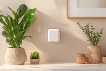 Smart Home Device with Minimalist Interior, and Plants.