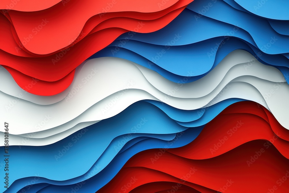Poster Dynamic layered waves in red, blue, and white create a vibrant abstract paper art background symbolizing movement and national pride Generative AI