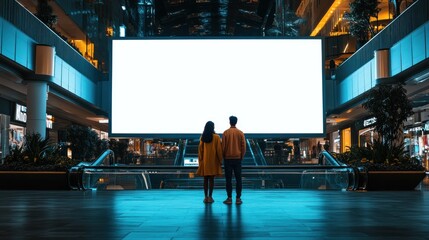 Couple Watching Blank Screen in Modern Mall