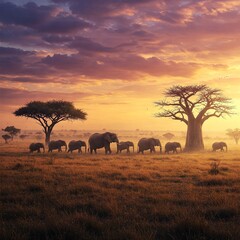 Obraz premium African Savanna Sunset Landscape: Elephants, Baobab Tree, Acacia Trees, Golden Hour Light
