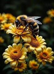 Bee collecting pollen from yellow chrysanthemum flowers in garden