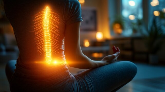 Woman meditating, glowing spine highlighting posture & well-being
