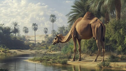 Camel Drinking at an Oasis in the Desert