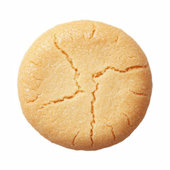 Single round shortbread biscuit with sugar crystals and cracked surface, realistic sweet baked cookie isolated on transparent background.